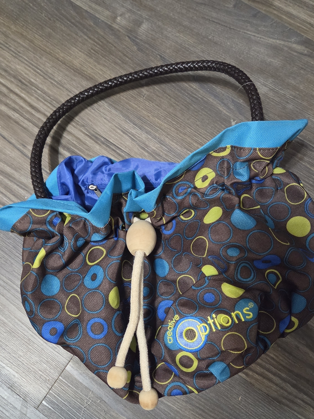 Blue and Brown Circular-Print Drawstring Tote Bag